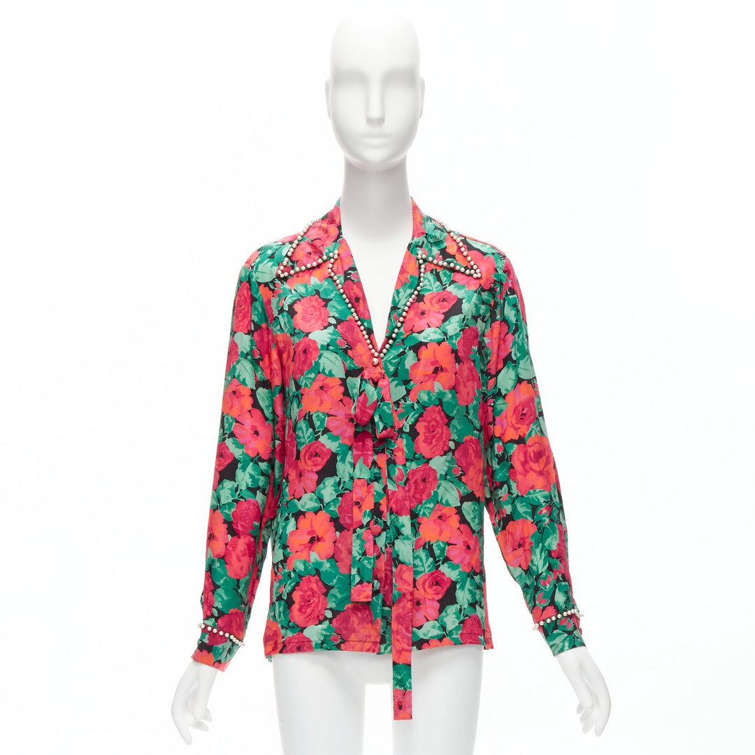 GUCCI ALESSANDRO MICHELE 2016 red green floral GG pearl bow silk shirt IT38 XS