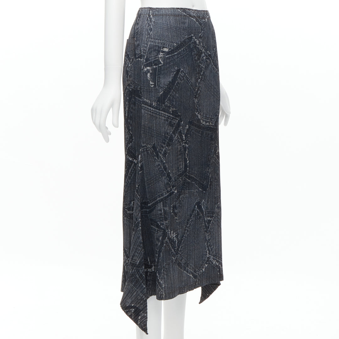 ISSEY MIYAKE PLEATS PLEASE dark blue denim patchwork print pleated skirt JP2 M