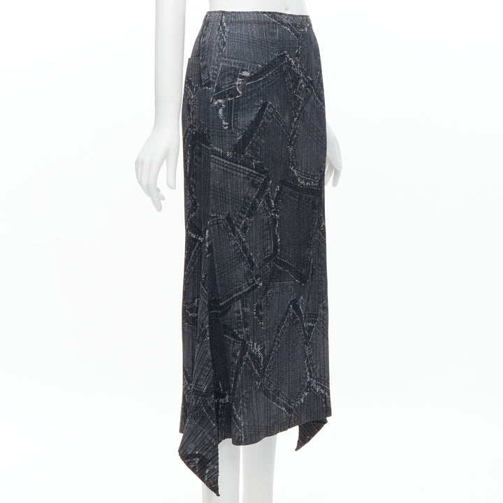 ISSEY MIYAKE PLEATS PLEASE dark blue denim patchwork print pleated skirt JP2 M