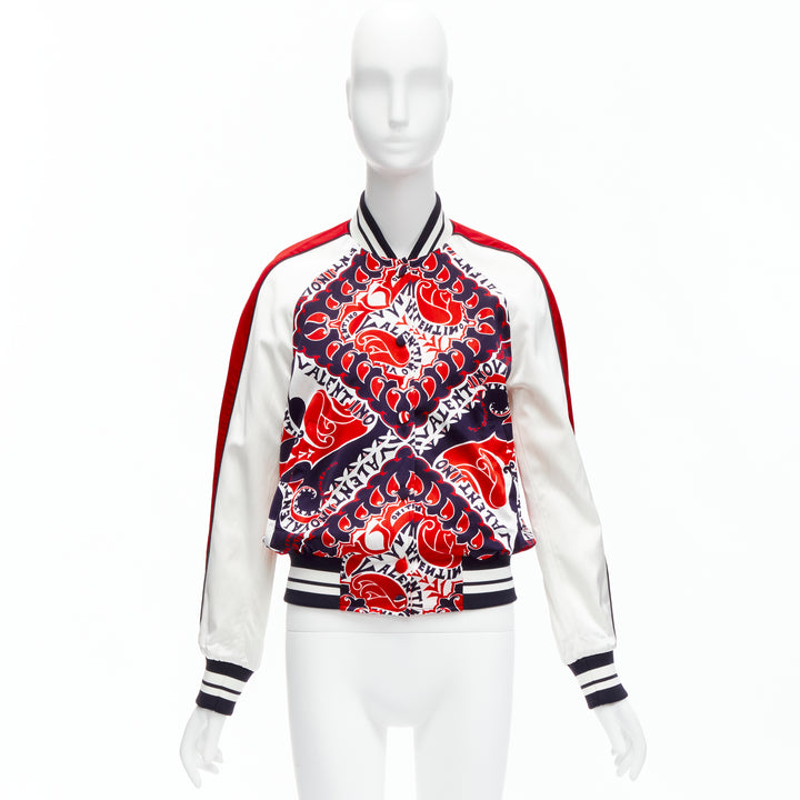 VALENTINO 2022 Manifesto Heart Bandana red blue satin bomber jacket IT40 S