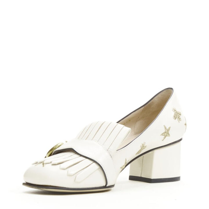 GUCCI Marmont Bee Star white gold embroidery fringe block loafer pump EU36.5