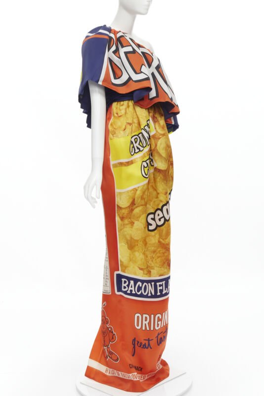 rare Runway MOSCHINO Couture! 2014 Junk Food Potato Chip one shoulder gown IT40