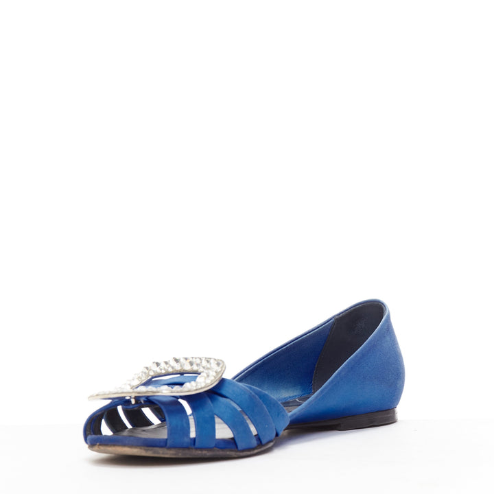 ROGER VIVIER blue satin crystal square buckles woven front pep toe flats EU34.5