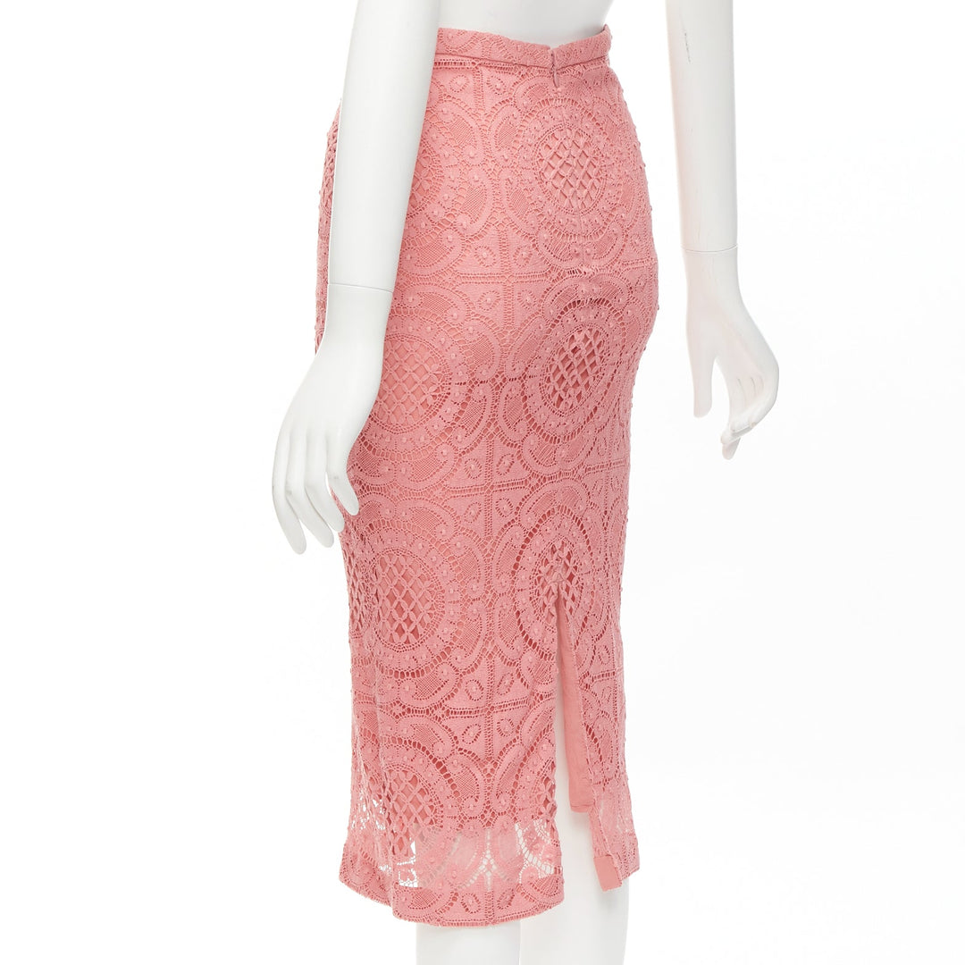 BURBERRY Runway pink cotton blend floral lace high waisted pencil skirt IT36 XXS