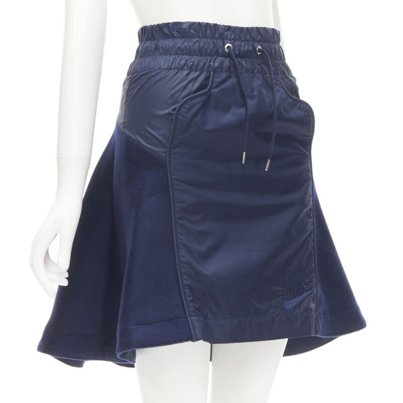SACAI NIKE navy blue nylon wool kick flared back skirt S