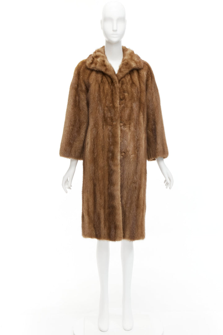CHOMBERT brown genuine fur patched longline collared long sleeve coat