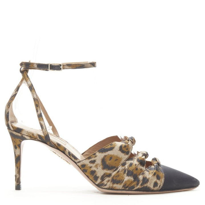 AQUAZZURA brown leopard trio bow ankle strap toe cap high heel pump EU36