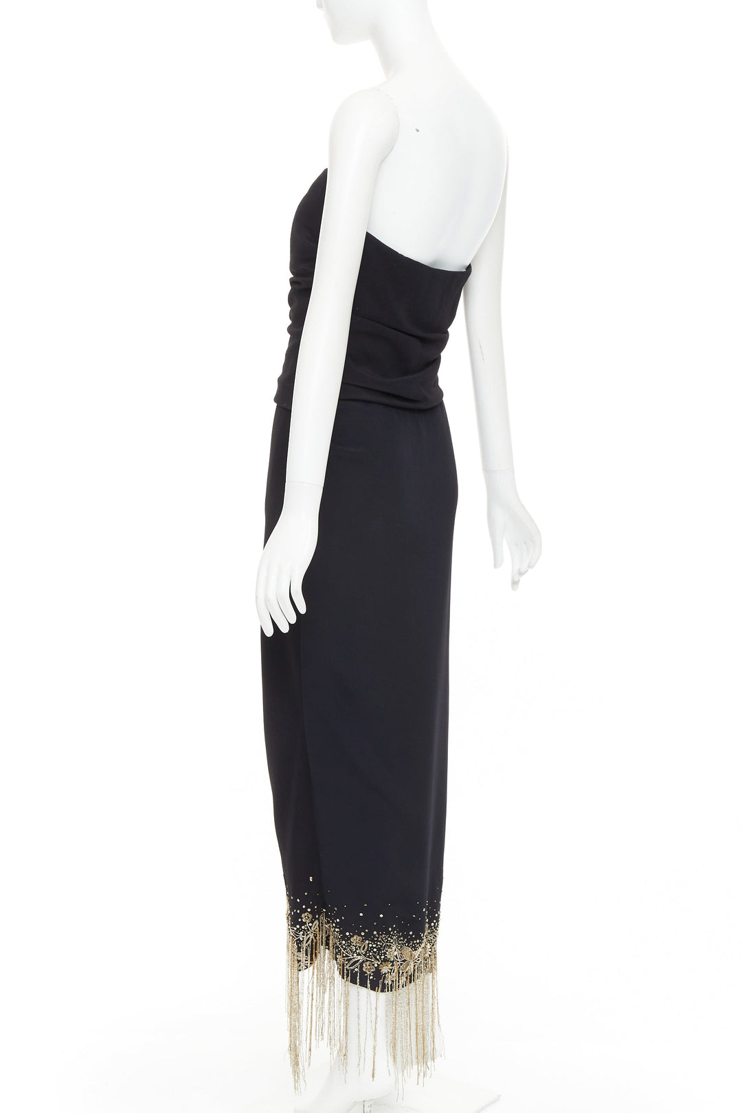 OSCAR DE LA RENTA 2019 Runway black gold sequin fringe strapless dress US8 L