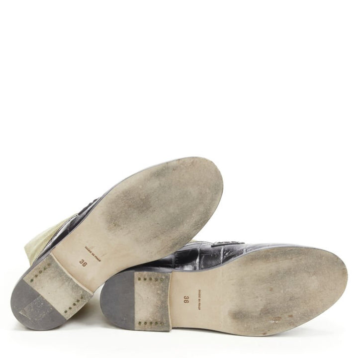 LOEWE black black scaled leather embossed brown suede sock loafer boot EU36