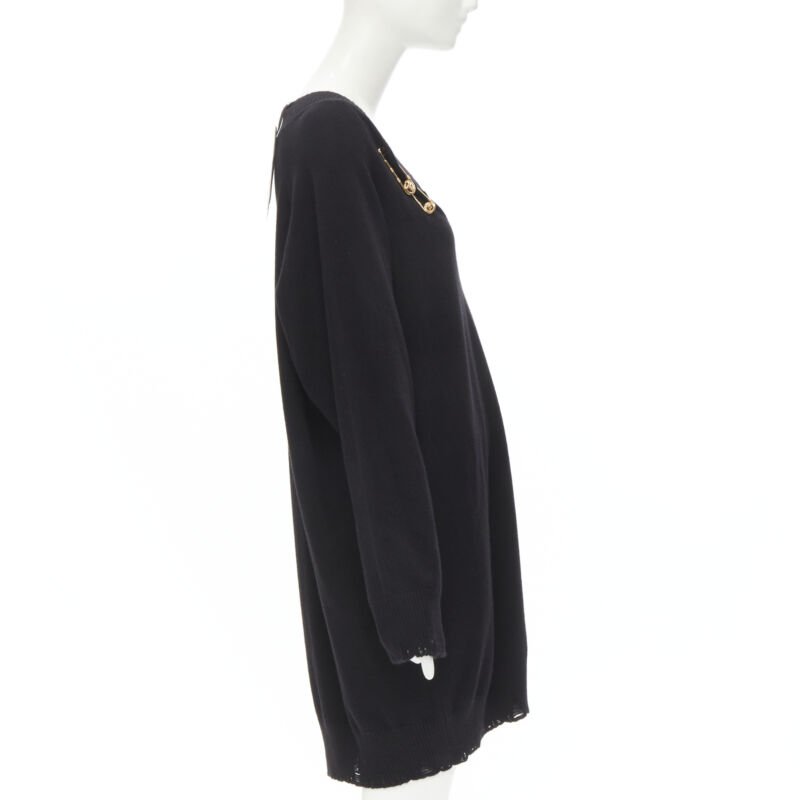 VERSACE 95% cashmere wool punk gold Medusa safety pin distressed dress IT44