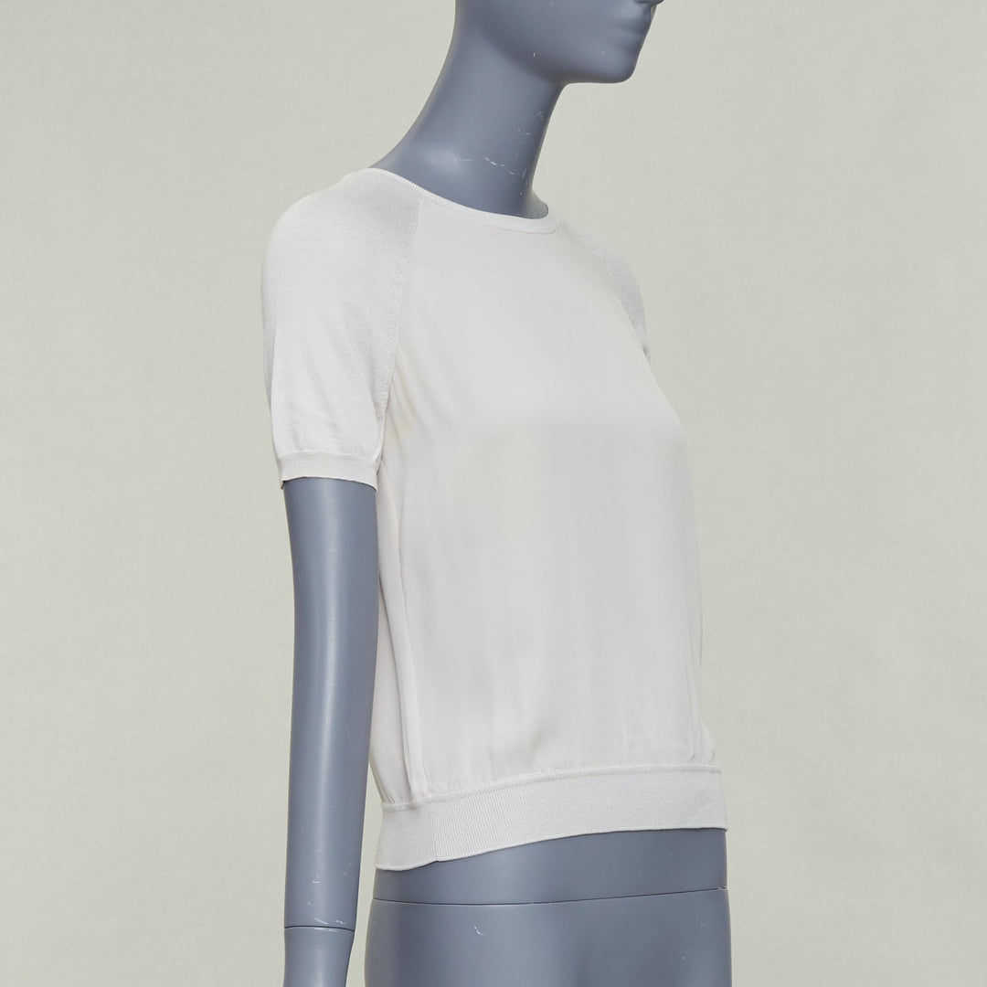 LORO PIANA grey silk bi fabric  raglan short sleeve logo charm top IT38 XS