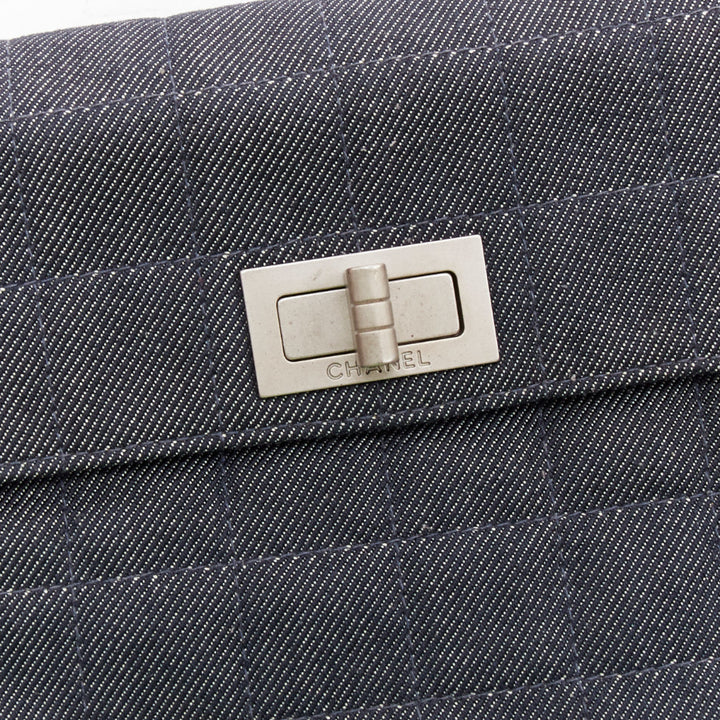CHANEL Mademoiselle Chocolate Bar denim blue quilted clutch bag