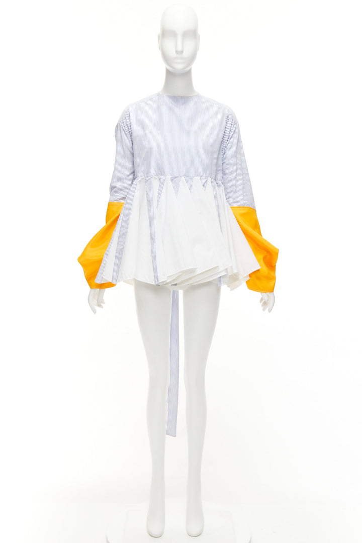 MARINE SERRE yellow blue white pinstriped puff sleeve peplum top M