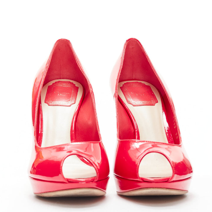 CHRISTIAN DIOR neon pink patent leather peep toe platform pumps EU38
