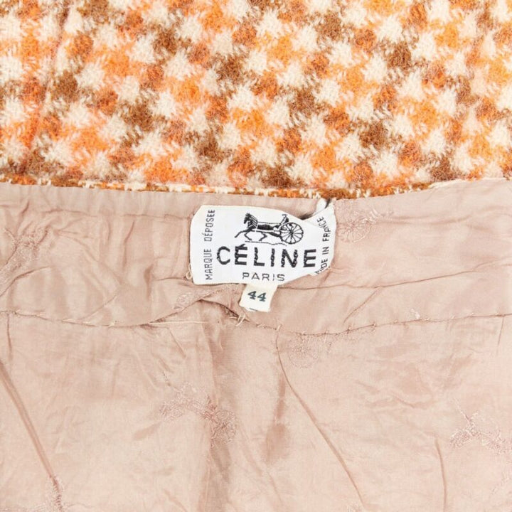 vintage CELINE 1980 orange check wool pleat skirt leather horsebit cuff FR44 XXL