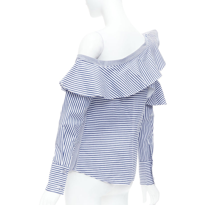 SELF PORTRAIT blue white striped off shoulder asymmetric ruffle top UK8 S