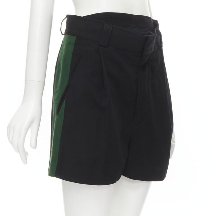 HAIDER ACKERMANN black green grosgrain trimmed side pleated front shorts FR34 XS