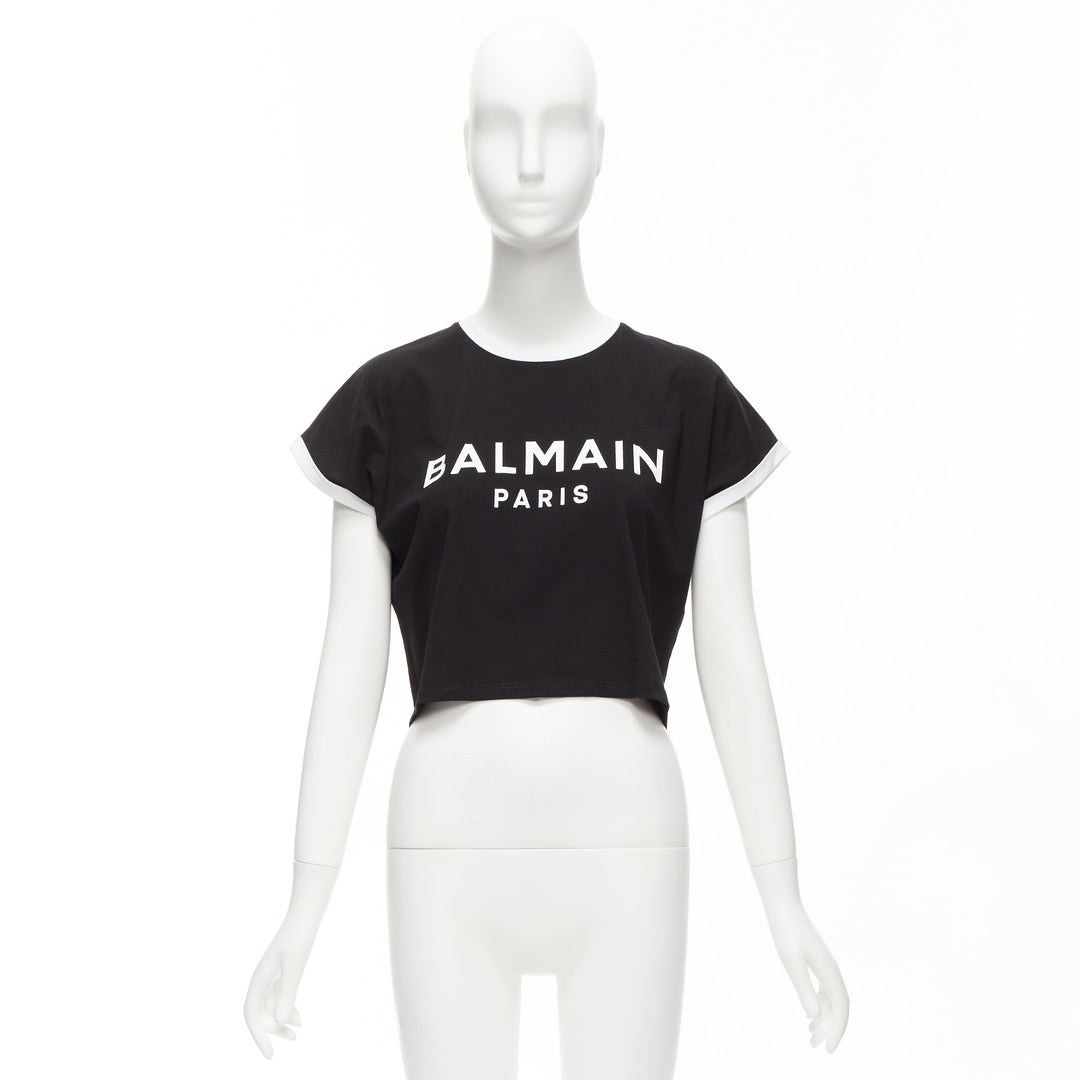 BALMAIN black white logo cap short sleeve ringer cropped tshirt XXS