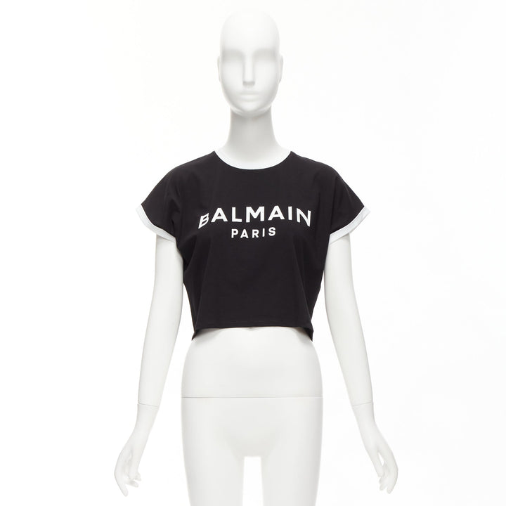 BALMAIN black white logo cap short sleeve ringer cropped tshirt XXS