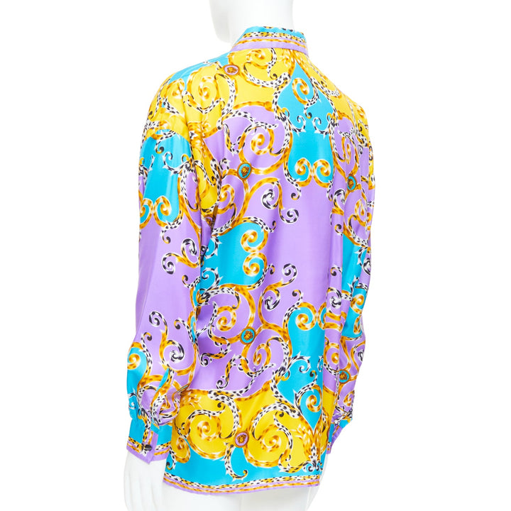 GIANNI VERSACE 1995 Vitnage 100% silk purple yellow leopard barocco shirt IT48 M
