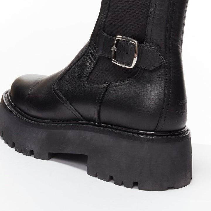 CELINE 2022 Bulky Chelsea black calfskin leather buckles biker boots EU39