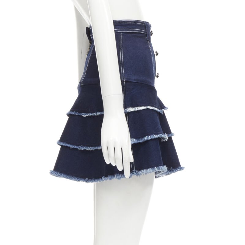 AJE hammered silver buttons blue frayed edge tiered denim skirt UK6 XS