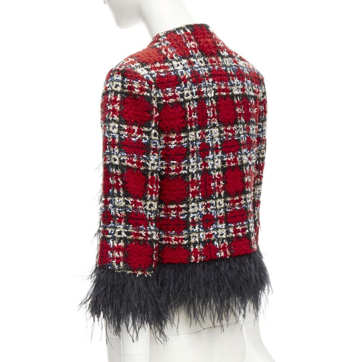 HALPERN 2022 red checked tweed black feather trim cropped jacket FR34 XS