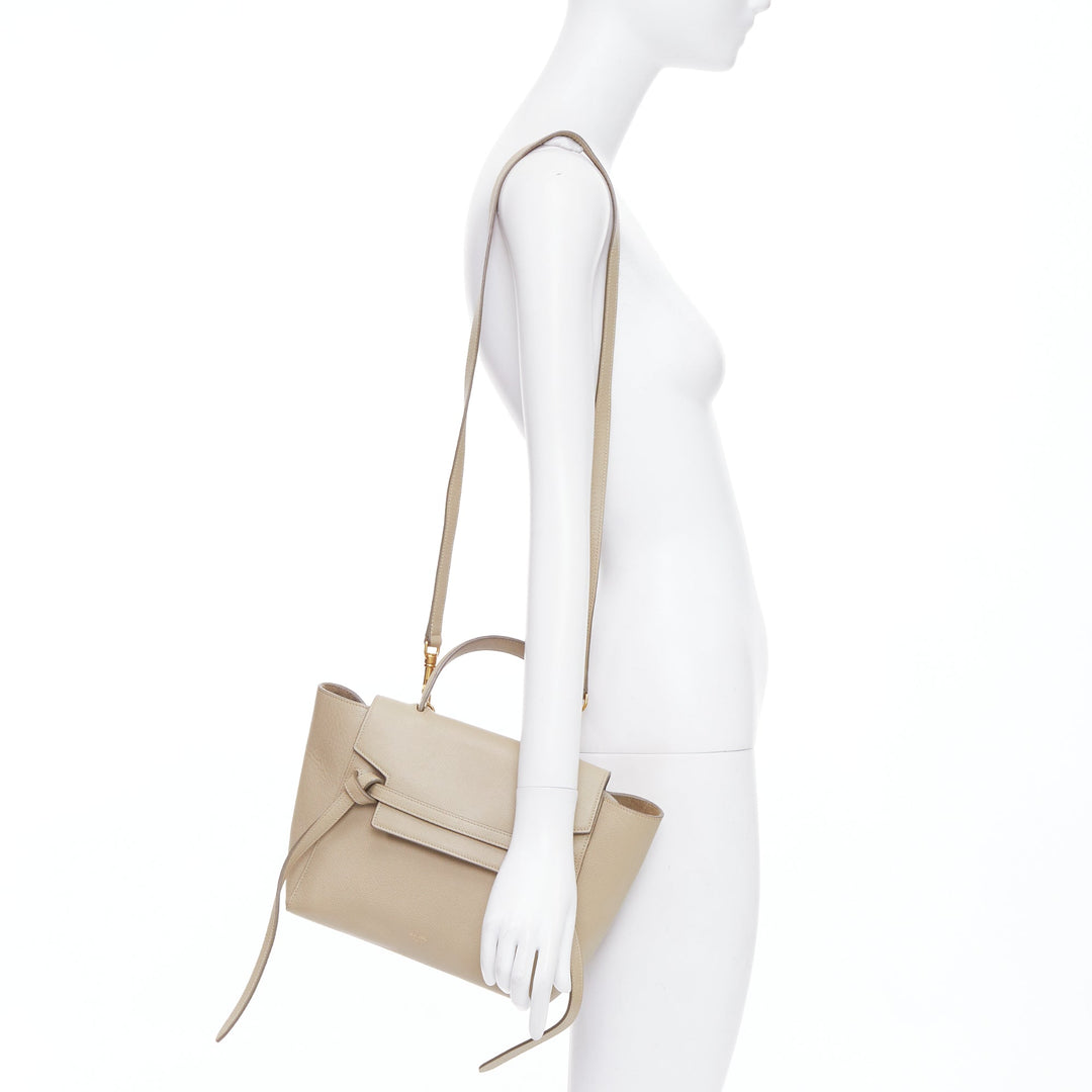 CELINE Mini Belt beige calfskin leather loop through crossbody handle bag