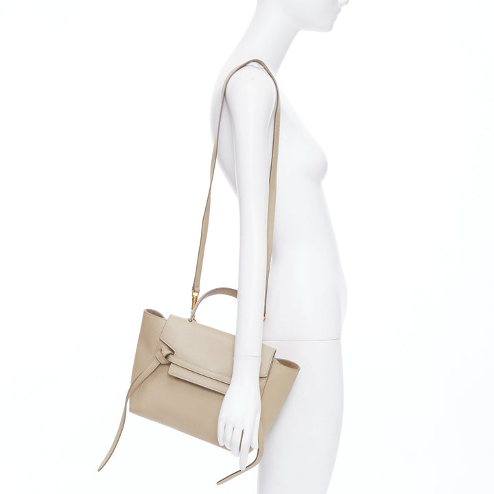 CELINE Mini Belt beige calfskin leather loop through crossbody handle bag