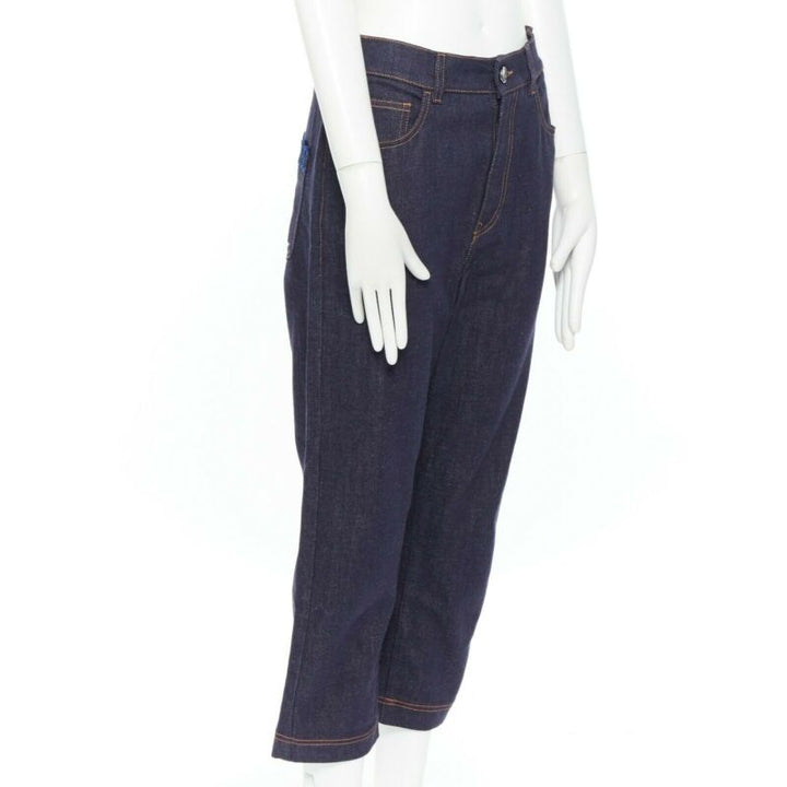 FENDI PF18 indigo blue crisp denim straight jeans 3/4 heart embroidery IT40 S