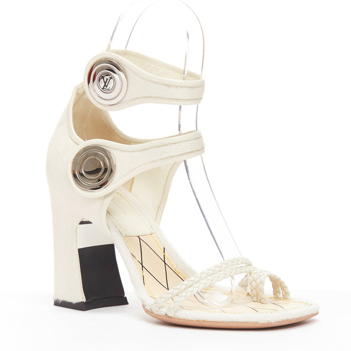 LOUIS VUITTON Anaconda white calf hair silver button braided chunky heel EU37