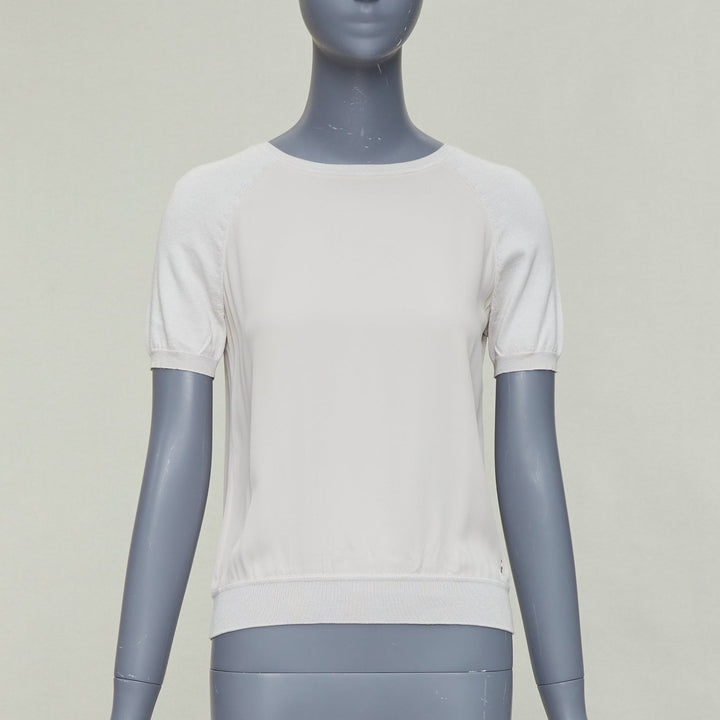 LORO PIANA grey silk bi fabric  raglan short sleeve logo charm top IT38 XS