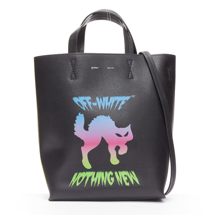 OFF WHITE Virgil Abloh Natural Habitat black leather neon cat crossbody tote bag