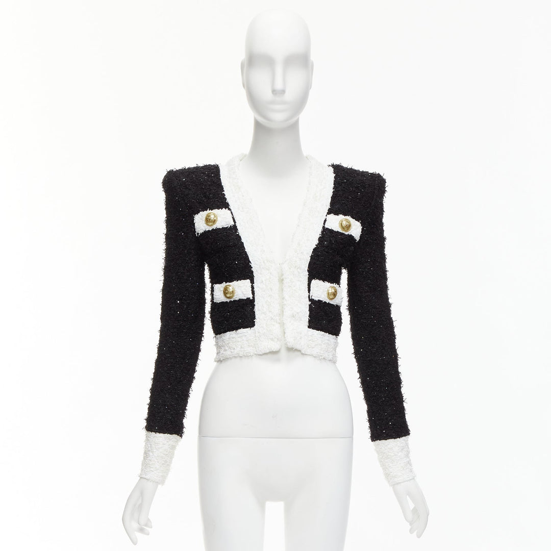 BALMAIN black white metallic tweed 4 pockets cropped blazer jacket FR34 XS