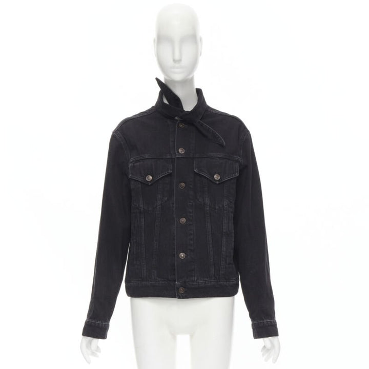 BALENCIAGA 2017 Scarf Collar Neck Tie washed black denim trucker jacket FR34 XS