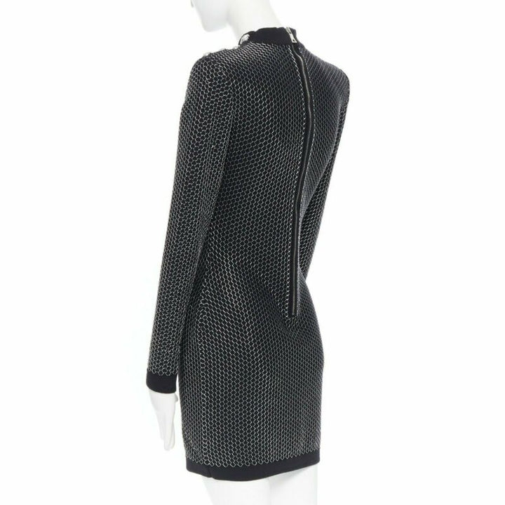 BALMAIN ROUSTEING black silver thread fluffy military button bodycon dress S