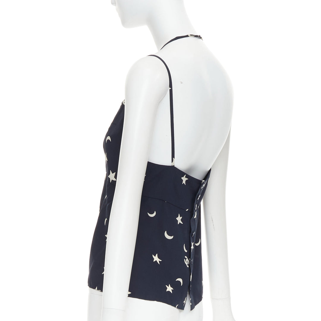 CHANEL 2008 navy off white 100% silk CC logo moon star bow camisole FR36 S