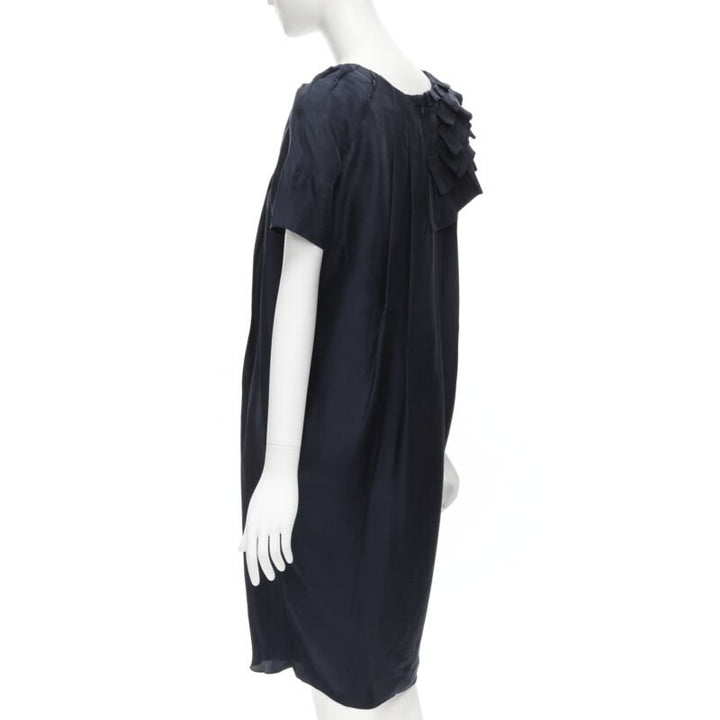 MARNI navy blue 100% silk ruffle neckline short sleeve silk dress IT38 XS
