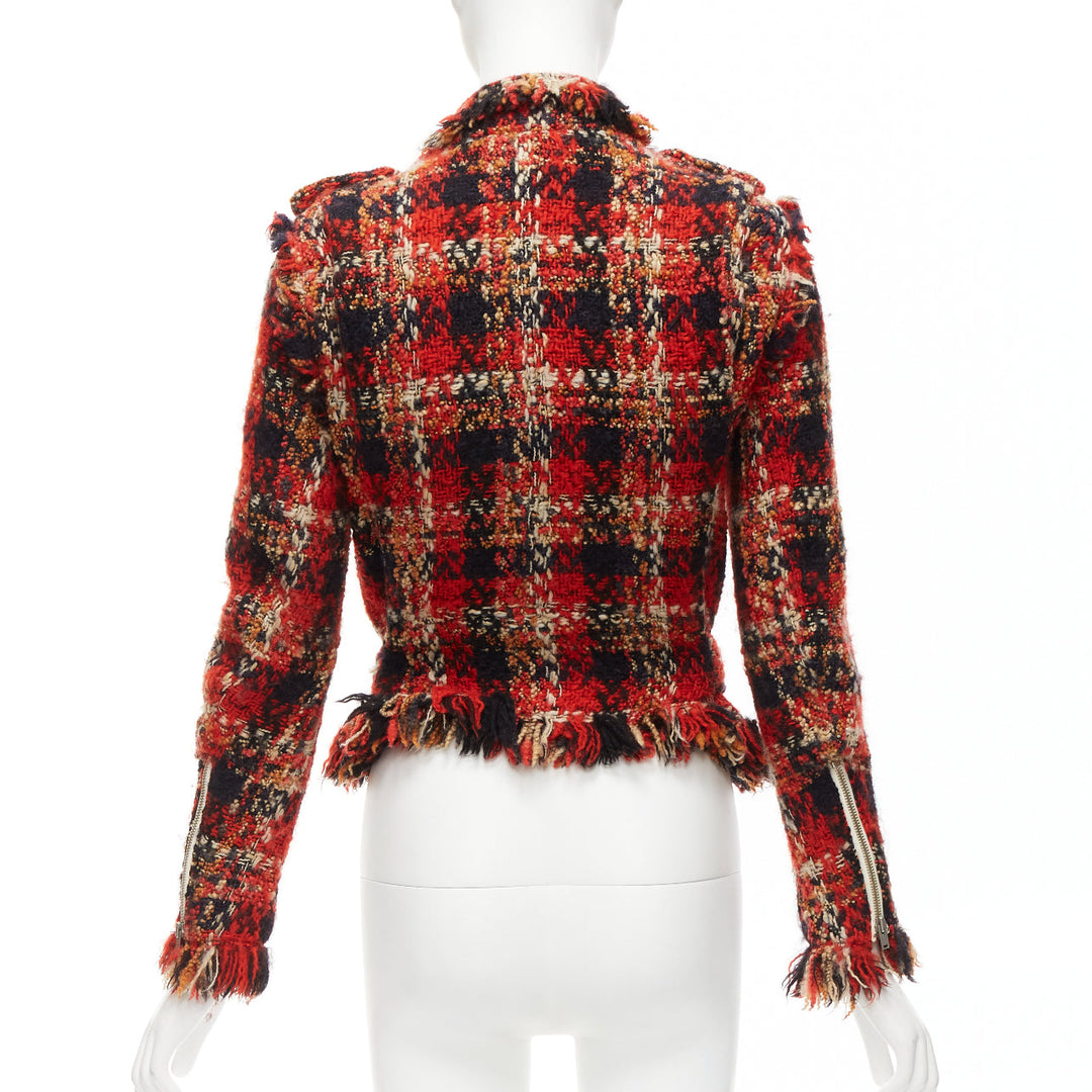 MIHARA YASUHIRO red plaid wool tweed PU trimmed biker jacket FR36 S