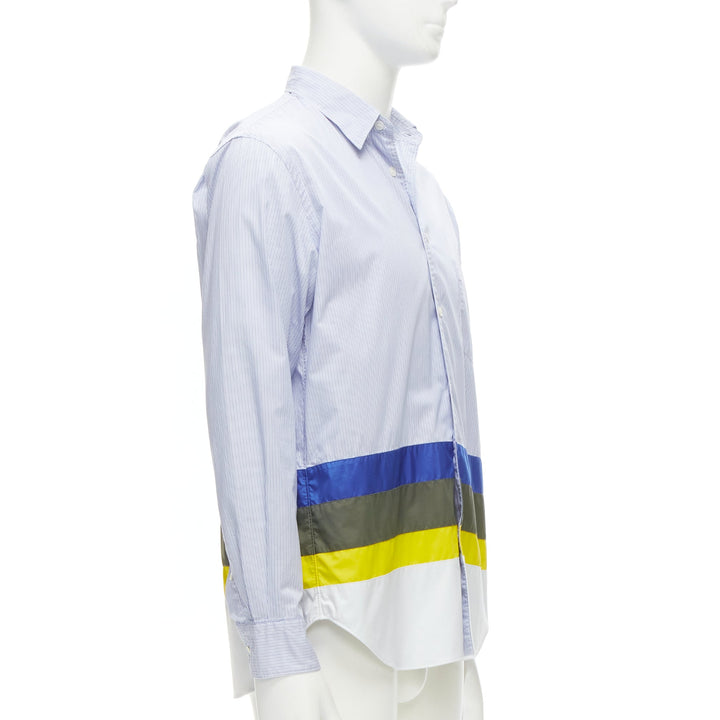 COMME DES GARCONS HOMME 2017 nylon patchwork hem blue pinstriped cotton shirt M