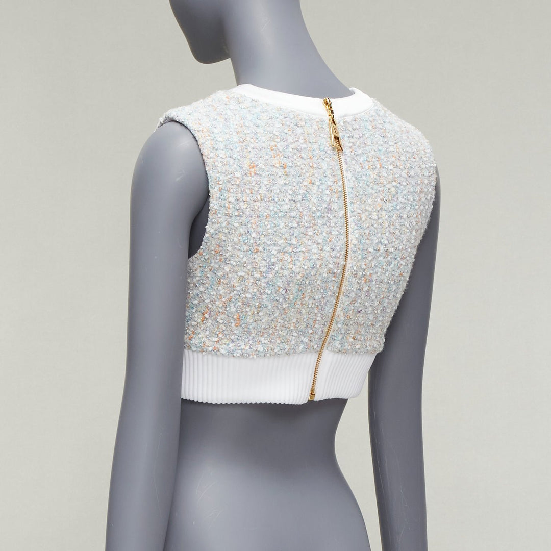 LOUIS VUITTON 2023 Runway pastel white boucle tweed crew crop top FR34 XS