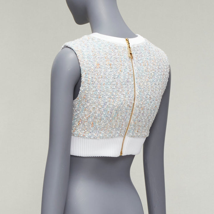 LOUIS VUITTON 2023 Runway pastel white boucle tweed crew crop top FR34 XS