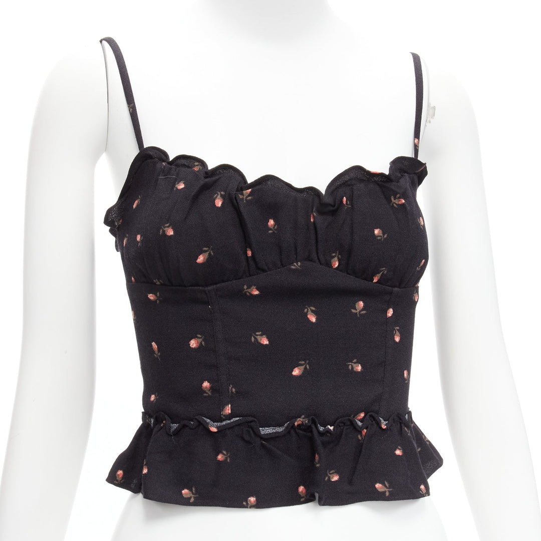 REFORMATION Clarice red rose print black crepe ruffle tank top US0 XS