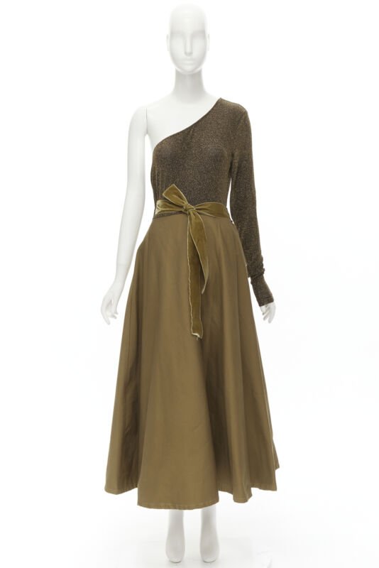 ARTCLUB Casa Miller gold lurex brown cotton twill wrap maxi dress M
