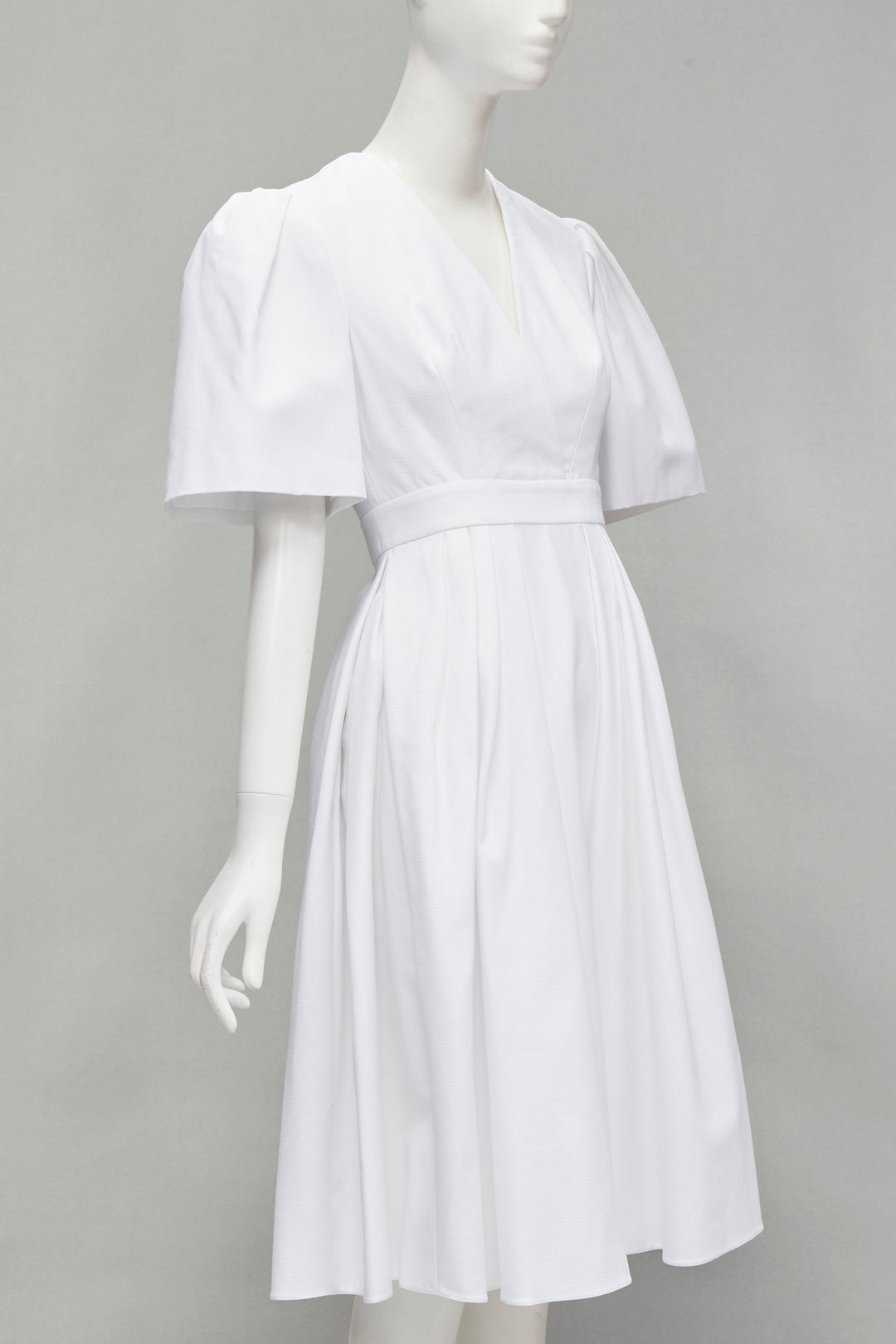 ALEXANDER MCQUEEN white structural bell sleeve V neck midi dress IT38 XS