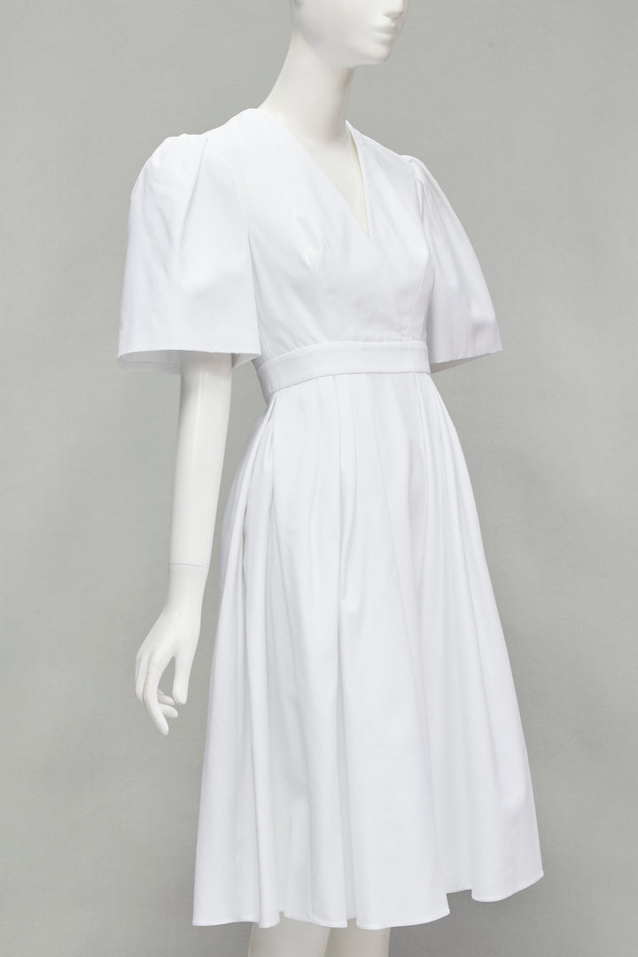 ALEXANDER MCQUEEN white structural bell sleeve V neck midi dress IT38 XS