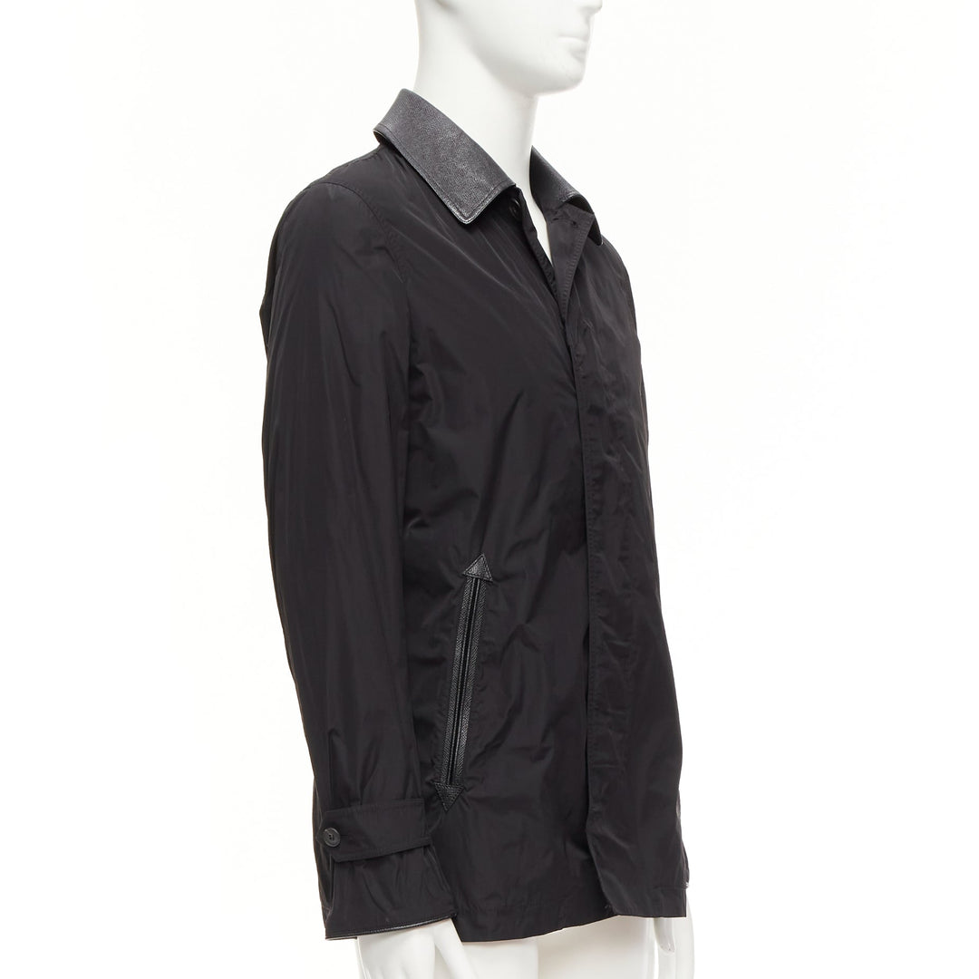 BURBERRY black textured leather trim nylon single breast trench coat IT48 M