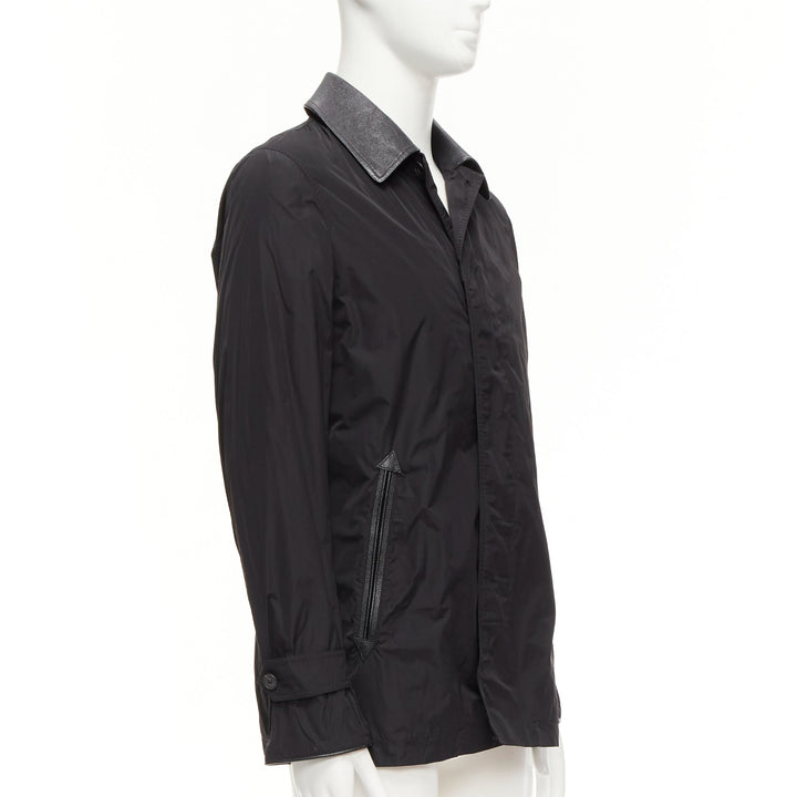 BURBERRY black textured leather trim nylon single breast trench coat IT48 M
