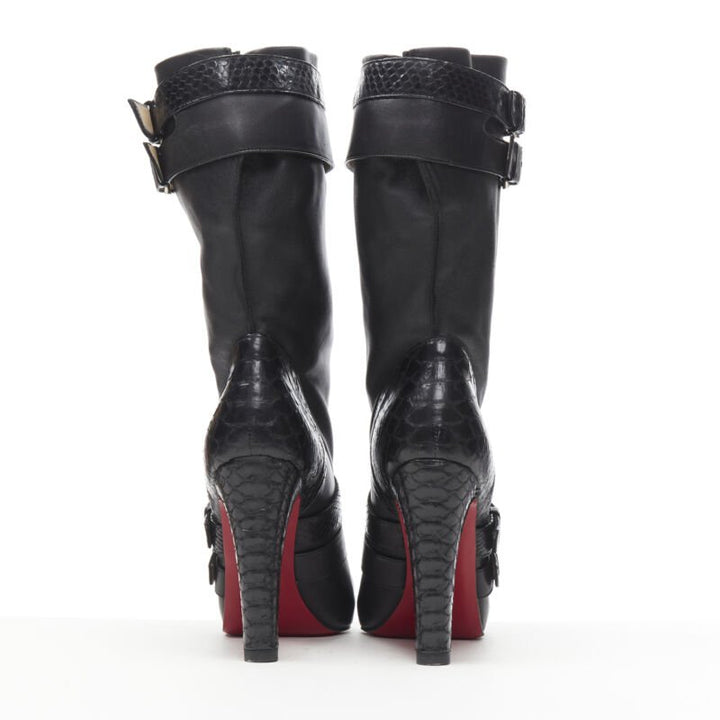 CHRISTIAN LOUBOUTIN Loubi Bike black scaled leather buckle platform boot EU37