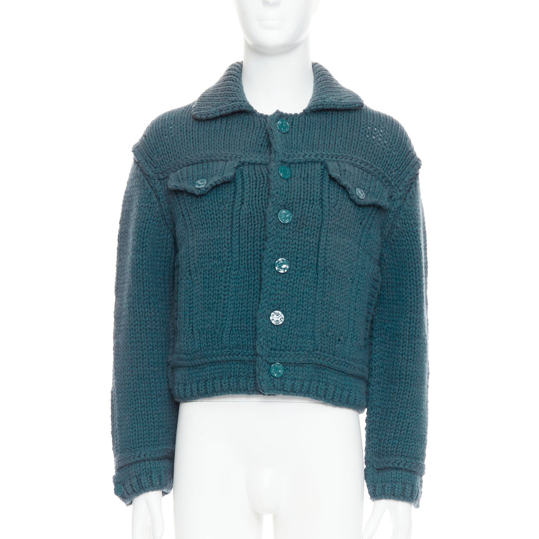 LOUIS VUITTON 2020 Runway turquoise blue wool chunky knit crop trucker jacket S